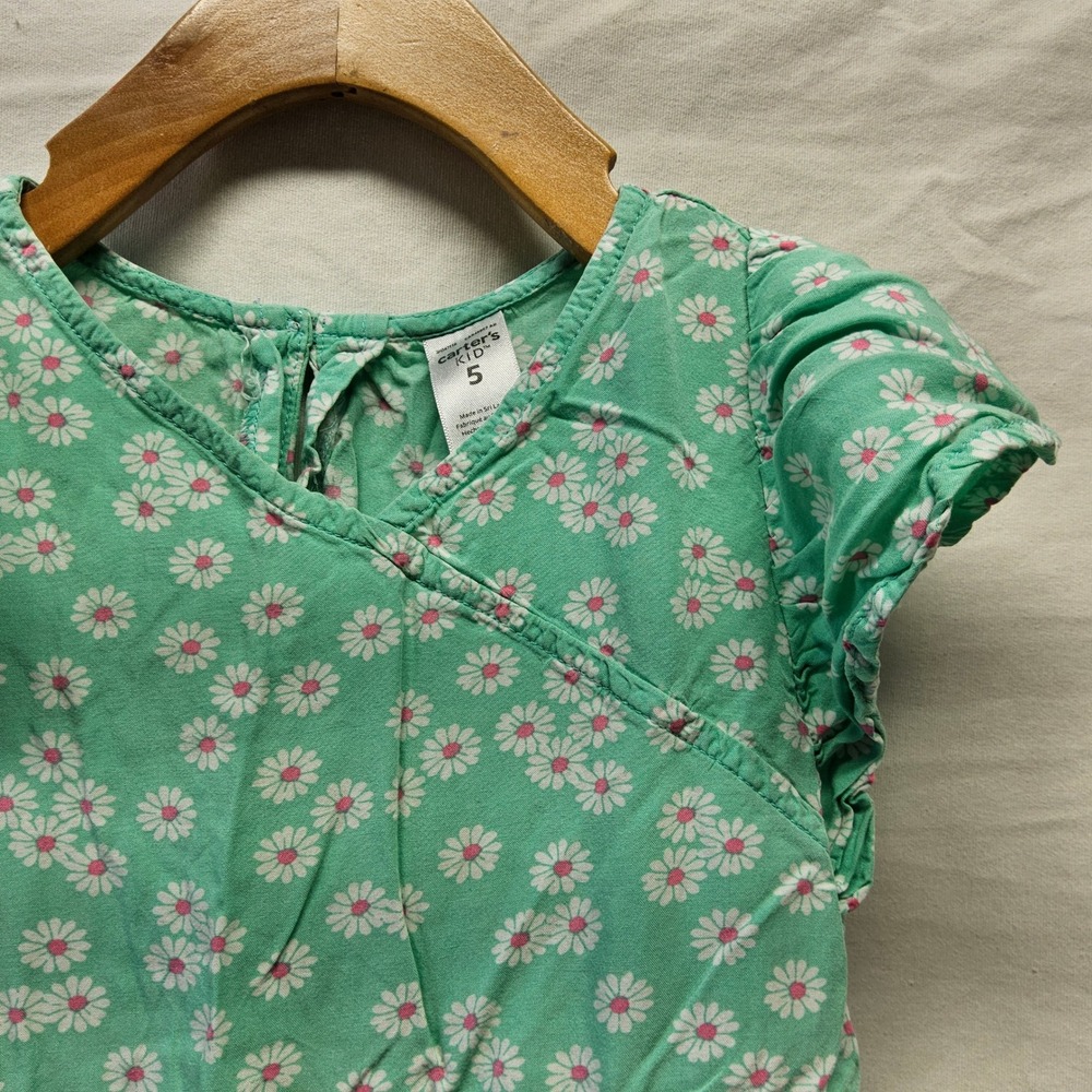 Carters Daisy Floral Faux Wrap Dress Kids Size 5 Green Flutter Sleeve Ruffle